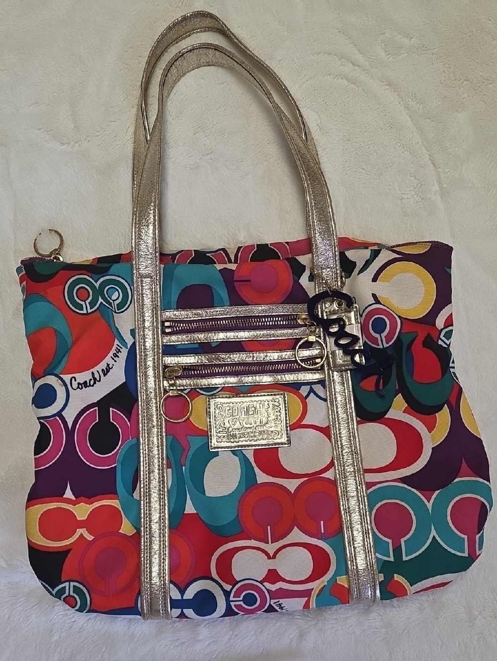 Coach Multicolor Signature Tote Bag with Gold Trim